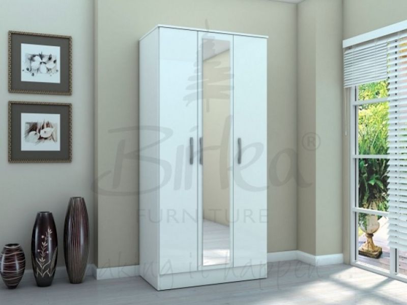 Birlea Lynx White with White Gloss 3 Door Wardrobe with Centre Mirror