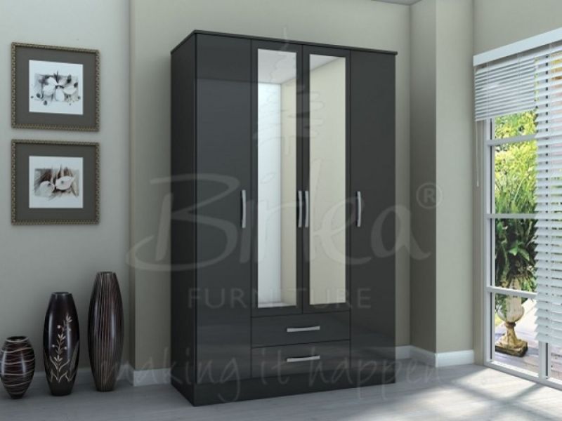 Birlea Lynx Black Gloss 4 Door 2 Drawer Wardrobe With Centre Mirrors