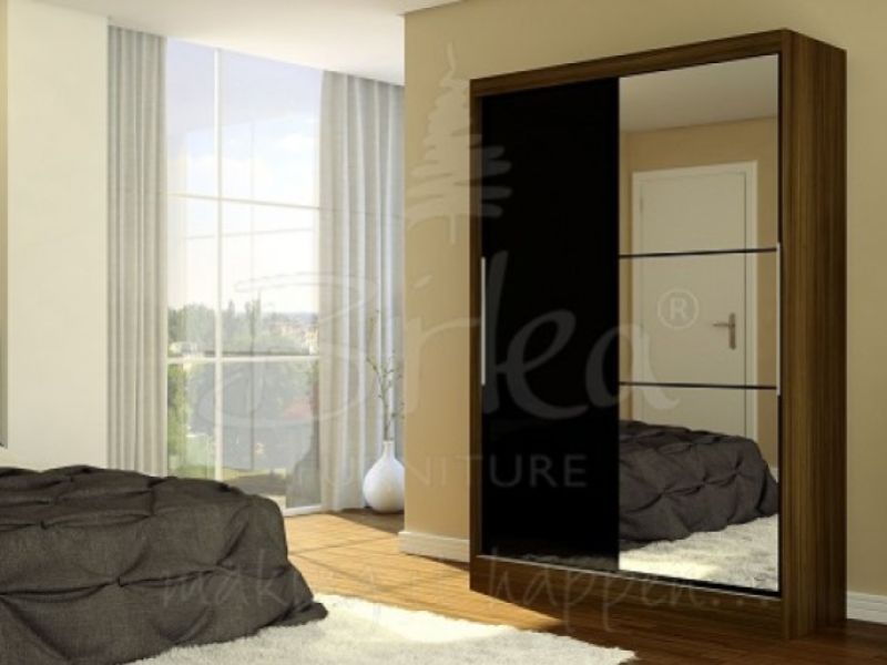 Birlea Lynx Walnut With Black Gloss Sliding Door Wardrobe with Mirror