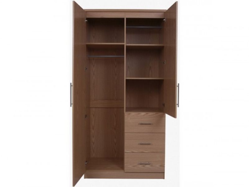 GFW Manhattan Oak 2 Door 3 Drawer Wardrobe With Mirror