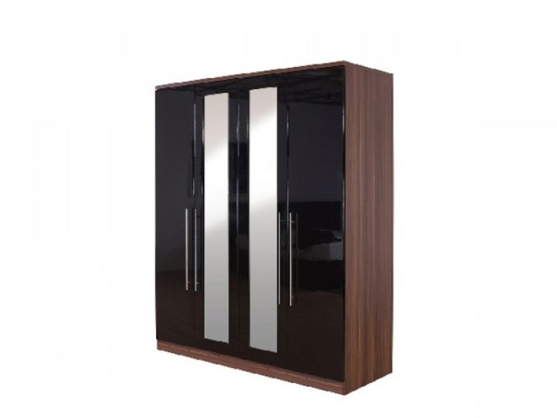 GFW Modular 4 Door Walnut And Black Gloss Wardrobe With Mirrors