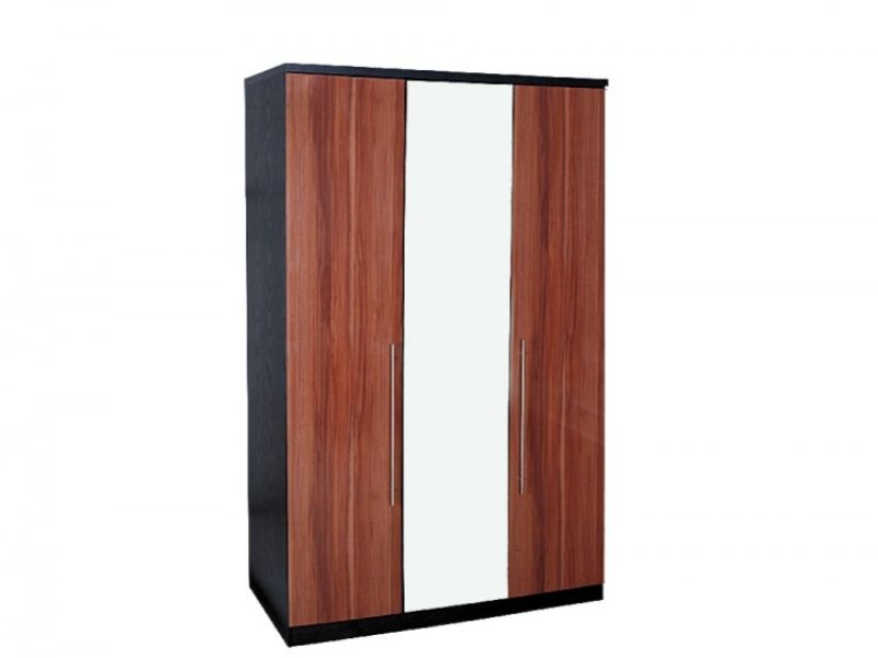 GFW Wyoming 3 Door Walnut Gloss And Black Wardrobe With Mirror