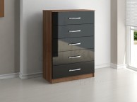 Birlea Lynx Walnut With Black Gloss 5 Drawer Chest of Drawers Thumbnail