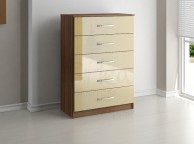 Birlea Lynx Walnut with Cream Gloss 5 Drawer Chest of Drawers Thumbnail