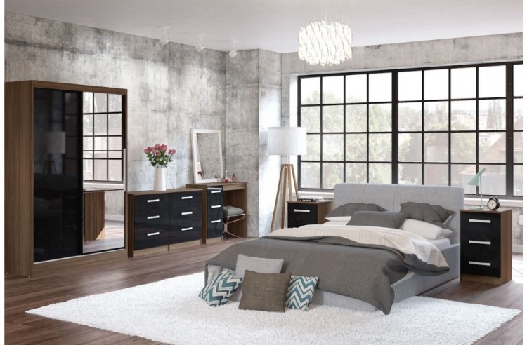 Birlea Lynx Walnut With Black Gloss 6 Drawer Wide Chest of Drawers