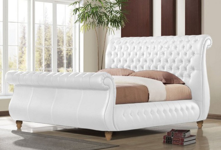 Time Living Swan White 6ft Super Kingsize Real Leather Bed Frame By Super Kingsize Real Leather Bed Frame, Sleigh Leather Bed King Size