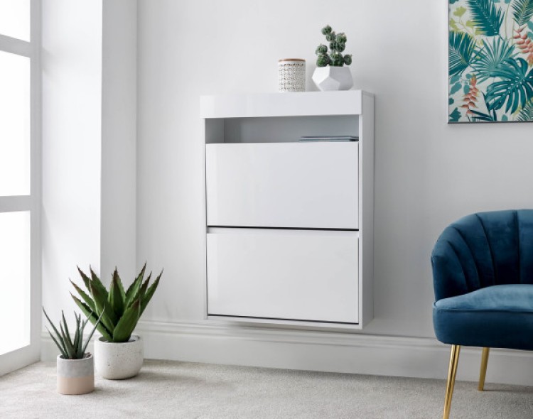GFW Galicia White Gloss LED Wall Hanging Shoe Cabinet by GFW