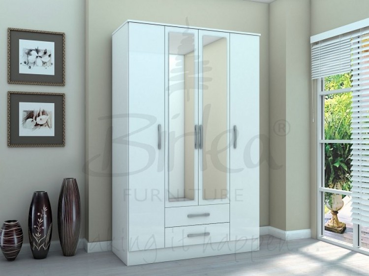 Birlea Lynx White Gloss 4 Door 2 Drawer Wardrobe With Centre